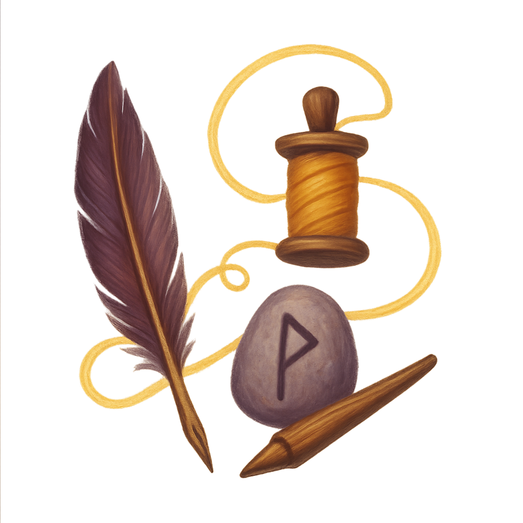 thread woven between a quill, a pen, a rune, and thread.