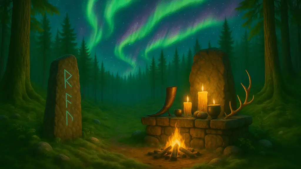 ancestor alter behind a fire with the aurora in the background