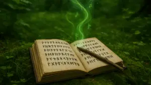 a book of magic runes with a wand