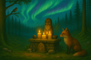 fox and a bird observing at the ancestor alter lit with three candles in the night amid the arora
