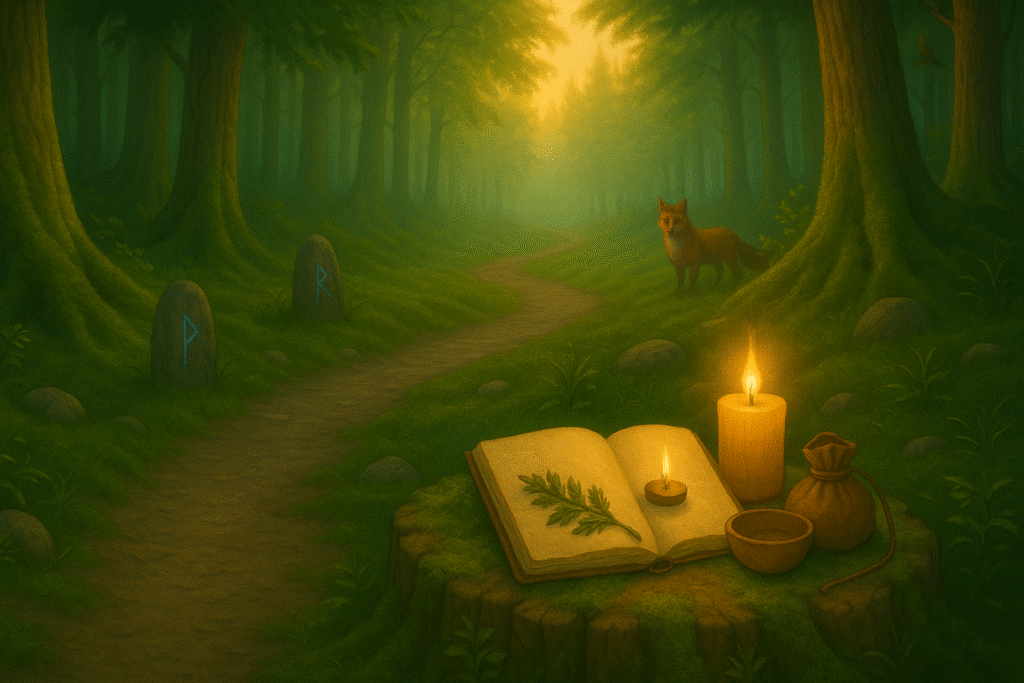 a practice in the woods along a dawn path with woodland creatures. The grimoire and candle on a stump ready for use.