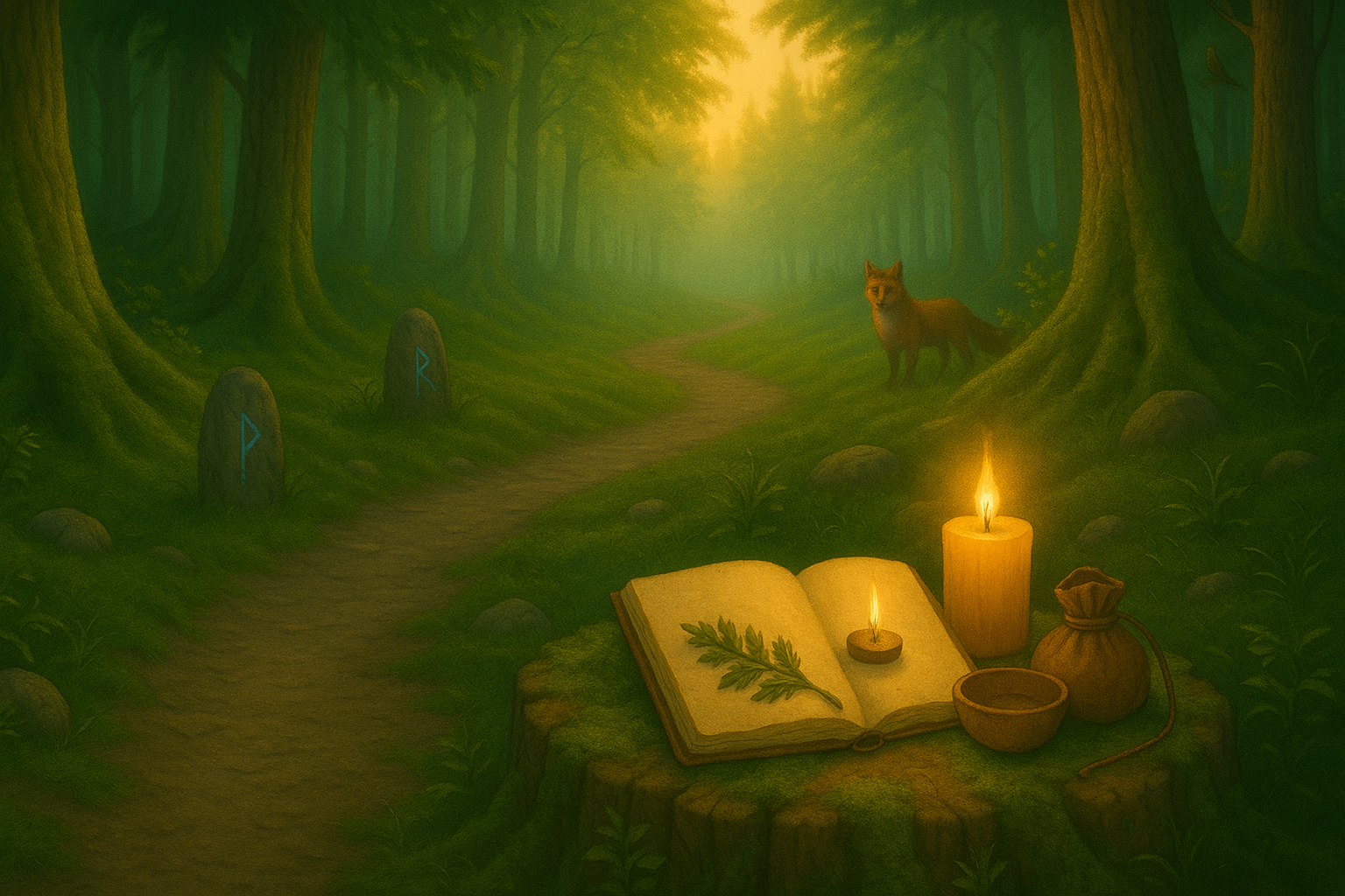 a practice in the woods along a dawn path with woodland creatures. The grimoire and candle on a stump ready for use.