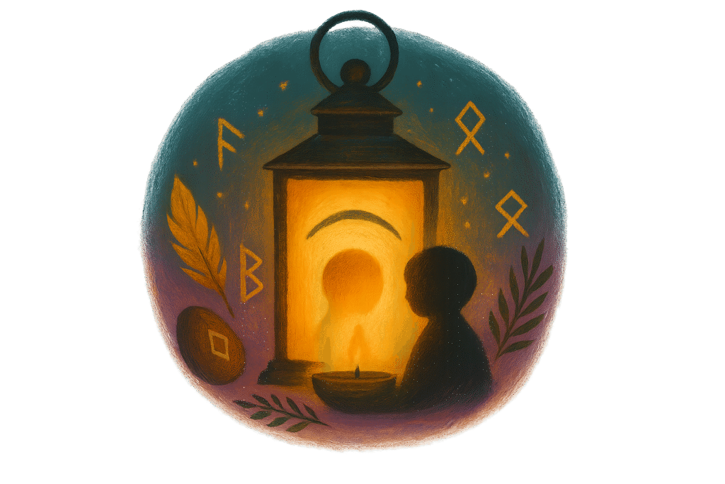 boy reflected in a lantern glowing and surrounded by runes.