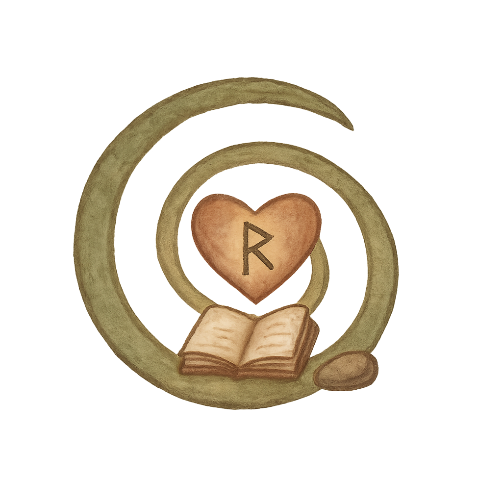 A spiral leading to a book and a heart in the center. The heart has the Rhaido rune for the journey.
