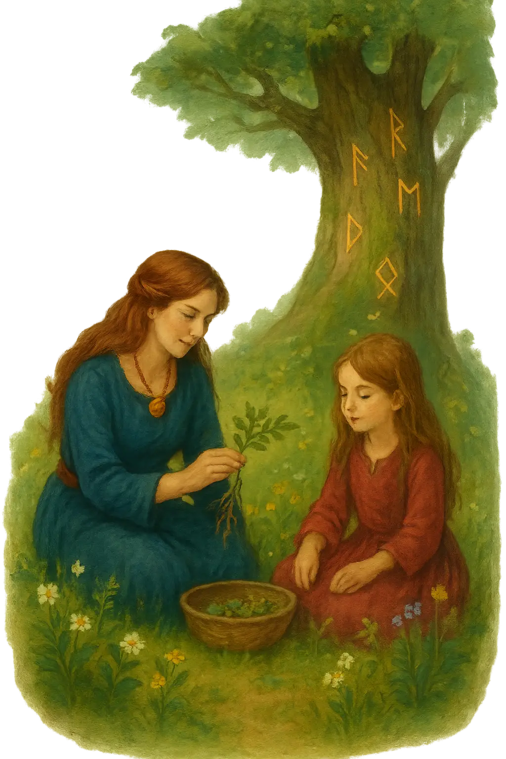 a mother teaching her daughter about herbs near the wisdom tree