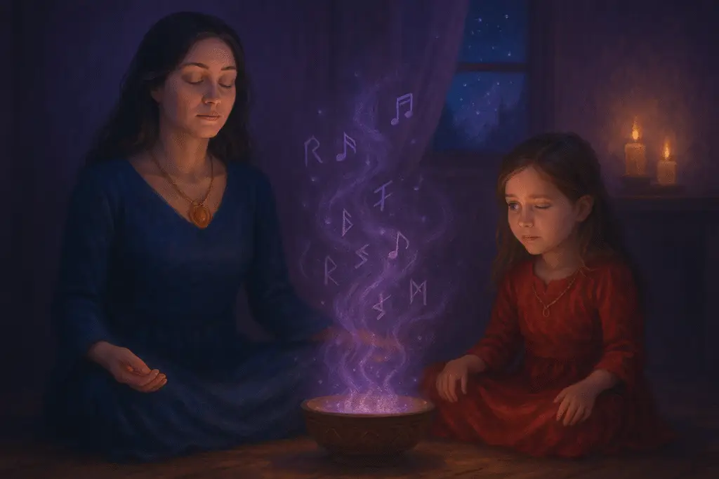 A mother and daughter are sitting together. The daughter, unsure of herself, peeks out through one eye to see if she's doing it right.