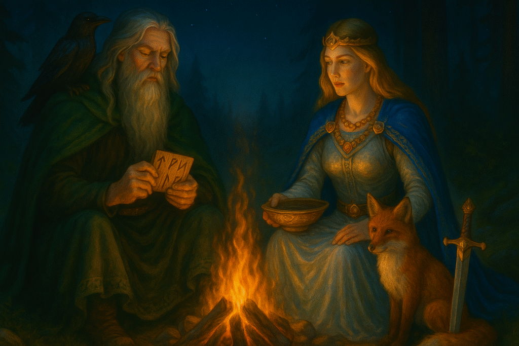 Freya and Odin sitting by the fire their familiar with them.