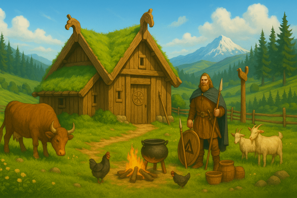 A Viking tending the homestead with cows and a fire.