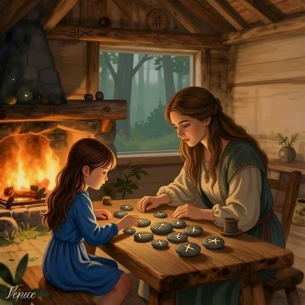 Mother and Daughter studying the runes