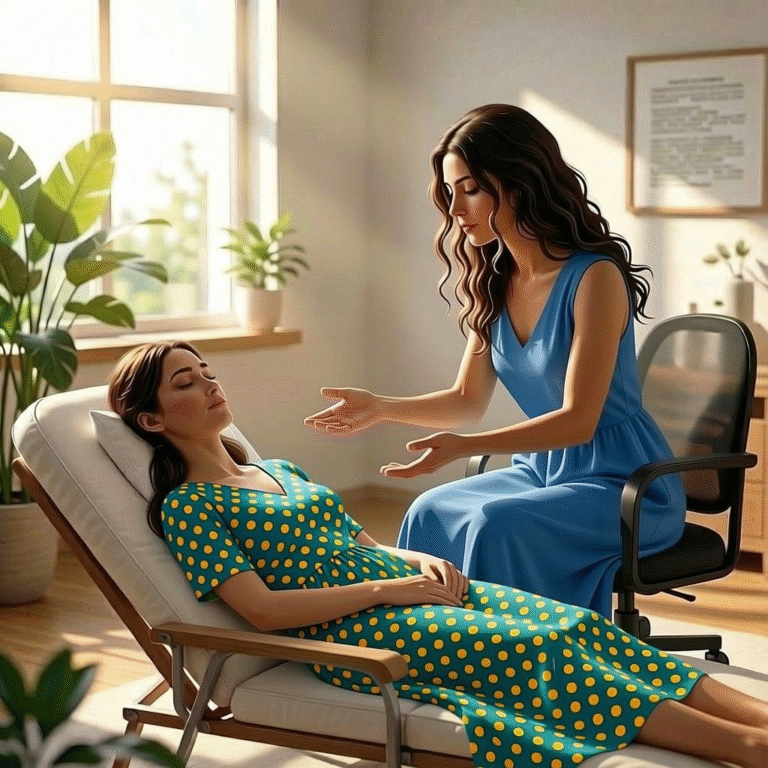 Woman in a reclining chair being hypnotized