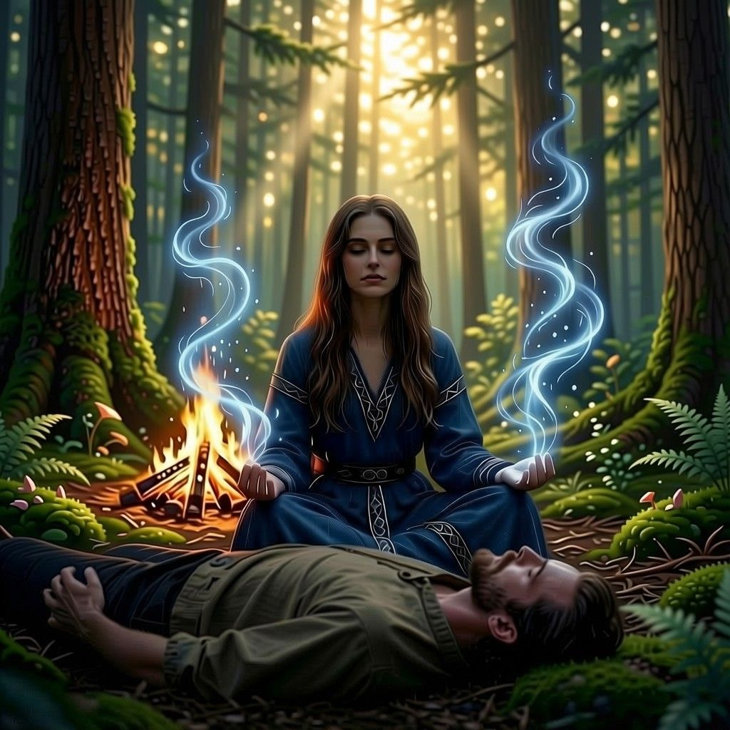 woman in norse garb healing a man in the woods