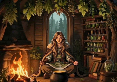 A sedirkona in her hut in trance as fumes waft from her cauldron before her.